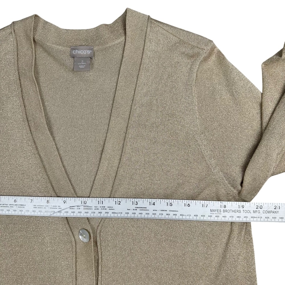 Chico's Gold Metallic Knit Cardigan V-Neck Button Front 3/4 Sleeve Size 2 Large - Picture 6 of 14